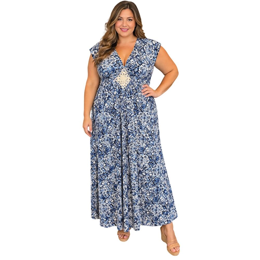 NWT 1X fashion bug long maxi medallion dress blue geometric v neck summer NEW